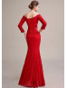 Off Shoulder Red Lace Tulle Corset Back Formal Evening Dress